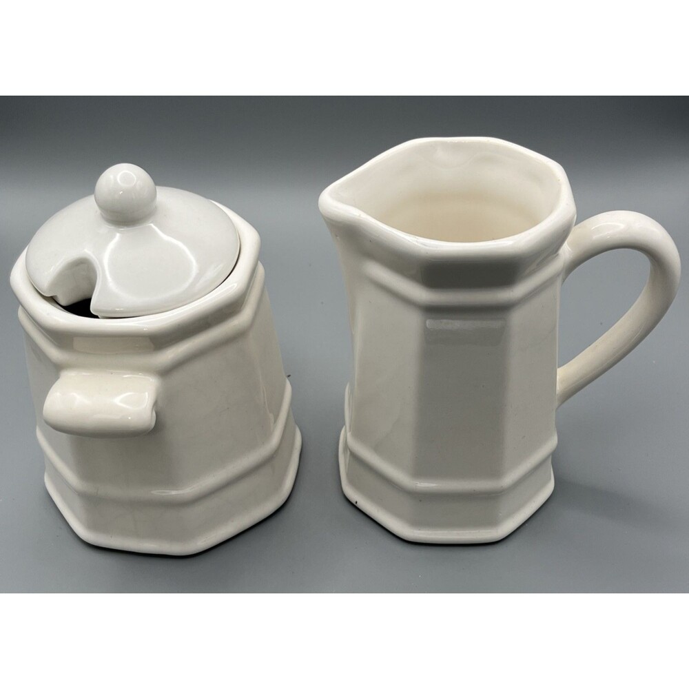 Pfaltzgraff Stoneware White Sugar Bowl With Lid And Creamer Set